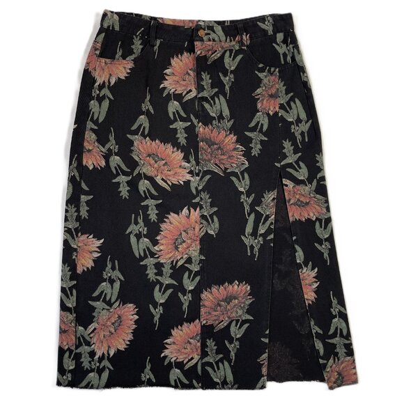 Lovely U-Dear Dresses & Skirts - Vintage Lovey U-Dear Floral Midi Skirt Black Sunflower Print Raw Hem Slit Size L